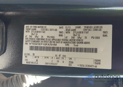 2016 Ford F-150 Xlt z USA, uszkodzony, nr VIN 1FTEW1EP1GFA70159